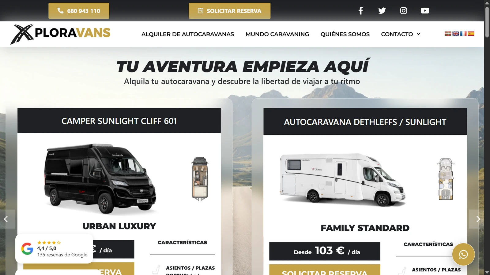 Capture du site Xploravans, une réalisation Etchenet utilisant le plugin Scroll Video pour la location d’autocaravanes